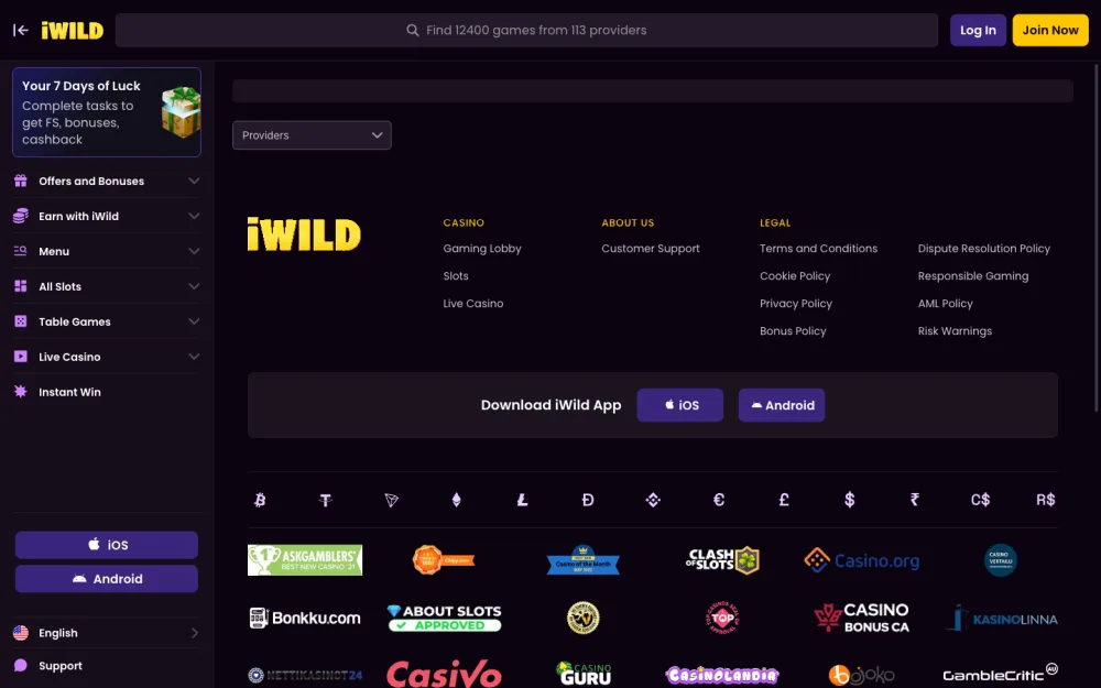 iWild download-app prompt and supported currencies