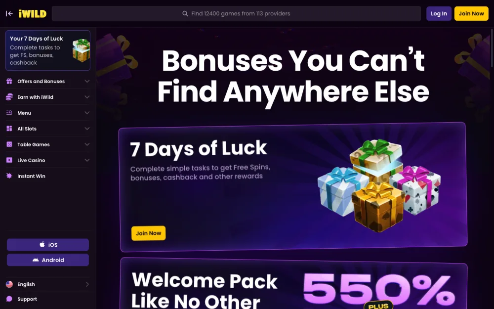 iWild bonuses page with 7 Days of Luck and the welcome pack
