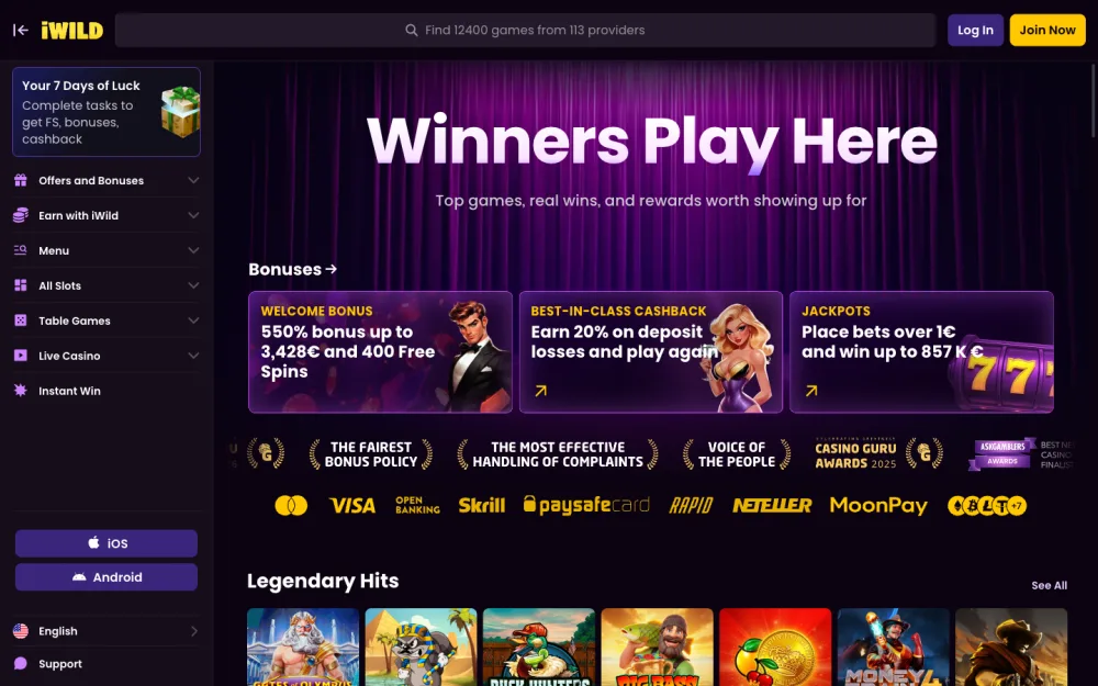 iWild casino homepage lobby on desktop