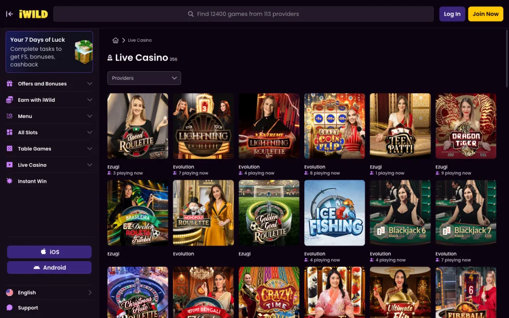 iWild live casino lobby with Evolution and Ezugi tables