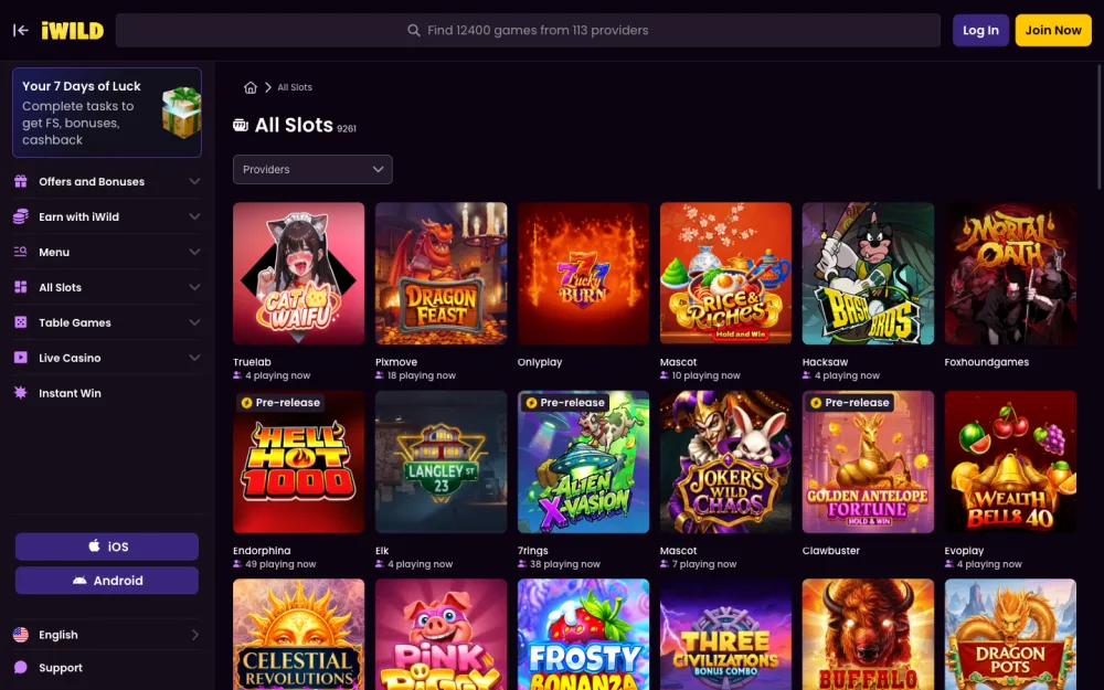 iWild All Slots lobby with a game counter and provider filter